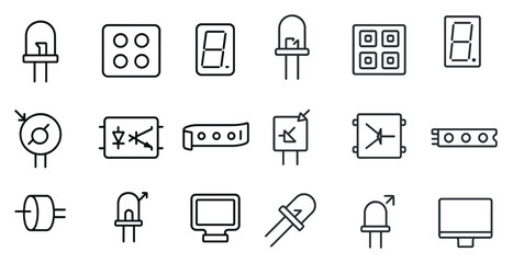 Collection of electronic components and devices are shown in a black and white style. The icons include a light bulb, a clock, a computer monitor, and a keyboard. Scene is one of technology