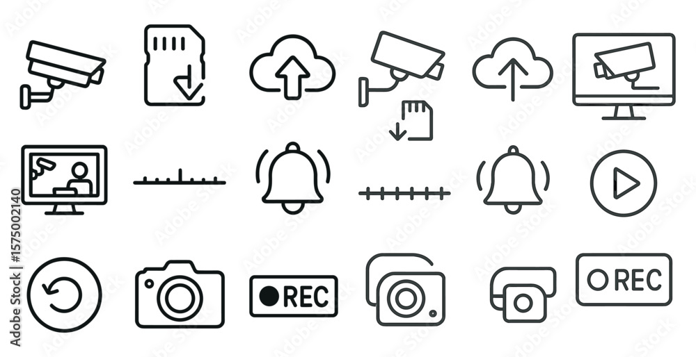 Fototapete Set of icons for a computer program. The icons include a camera, a bell, a record button, and a video icon