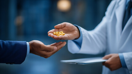 Doctor discussing medication with patient under soft lighting