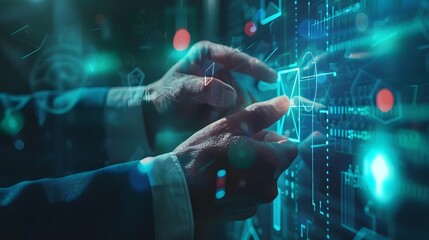 Close-up of hands interacting with a glowing, futuristic digital interface displaying data, charts, and geometric shapes.