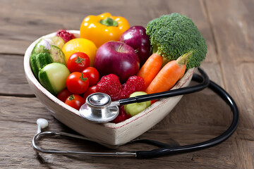 Healthy diet and medical care concept with fresh fruits and vegetables and stethoscope