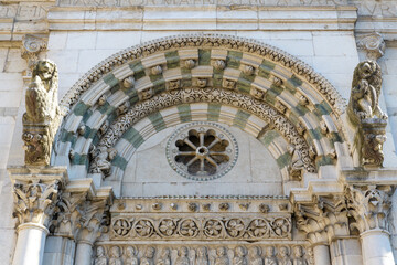 Romanesque marble portal of the Church of Santi Giovanni e Reparata, Lucca, Italy, with sculpted...