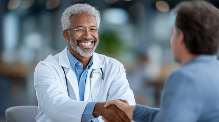 Doctor and patient handshake in a warm exam room