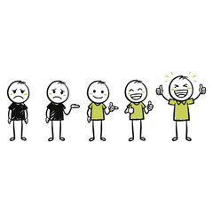 Evolution of Emotion Stick Figures Demonstrating Sadness Gradual Improvement to Joy and Happiness Expressing Positive Feelings and Approval via Thumbs Up