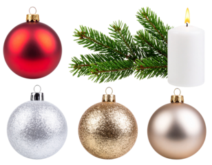set of christmas balls decoration with fir branch and candle isolated transparent