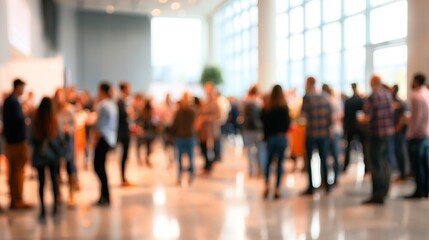 Abstract crowd gathering in brightly lit convention center, blurred figures create dynamic atmosphere and a sense of anticipation.