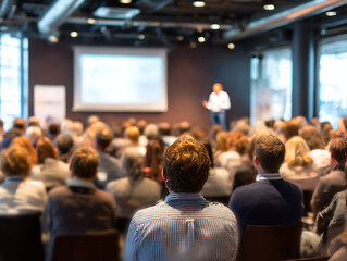 Audience watching a speaker on stage during a business conference presentation