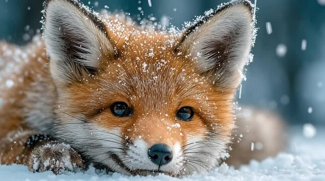 Cute red fox lying in snow with snowflakes on face