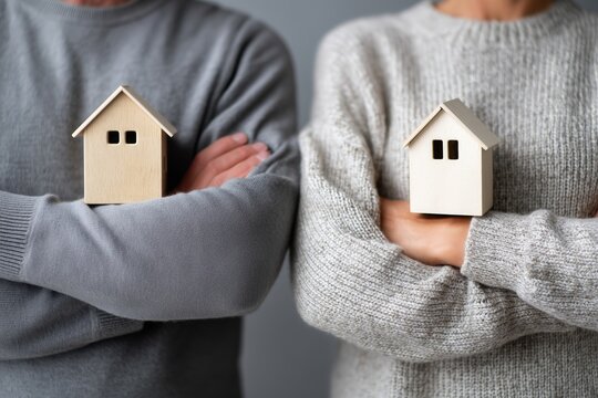Man and woman in neutral sweaters holding separate small wooden houses across their chests symbolizing real estate division or property decision