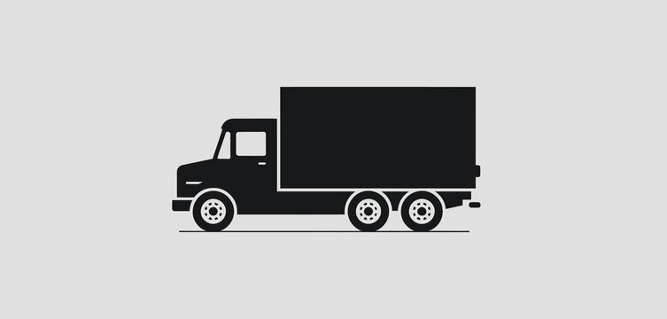 Simple black silhouette of a box truck with three axles on a light gray background