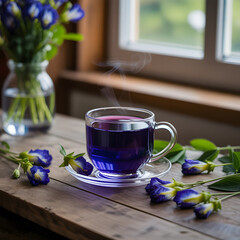 Cup of tea with fresh flowers on a white morning table