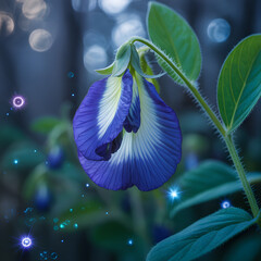 Blue flowers blooming at night in a peaceful garden meadow