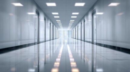 Fototapeta premium Gleaming perspective of a pristine hospital corridor with light reflections and architectural elegance, clean, and bright.