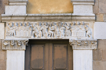 Romanesque portal with sculpted architrave depicting biblical scene, attributed to Biduino, Church...