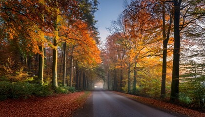 Fototapeta premium road in autumn coloured forest otterlo netherlands