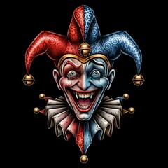 Naklejka premium Weeping Jester Face With Jester Hat - Tattoo Design