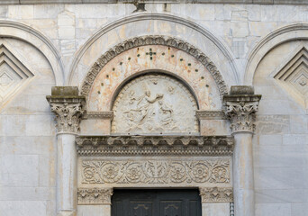 Romanesque portal with sculpted lions and ornamental frieze, Church of Santa Maria Forisportam,...