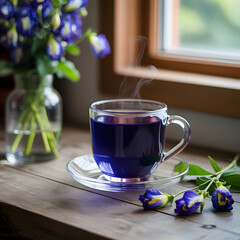 Cup of tea with fresh flowers on a white morning table