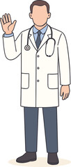 Flat vector illustration of a friendly male doctor waving in medical uniform with stethoscope on plain background