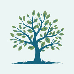 Obraz premium Stylized blue tree with green leaves and grass on a light blue background