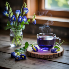 Cup of tea with fresh flowers on a white morning table