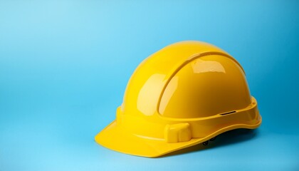a bright yellow hard hat rests on a light blue background