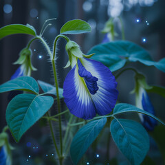 Blue iris flower blooming in a vibrant garden with natural spring colors and tropical beauty