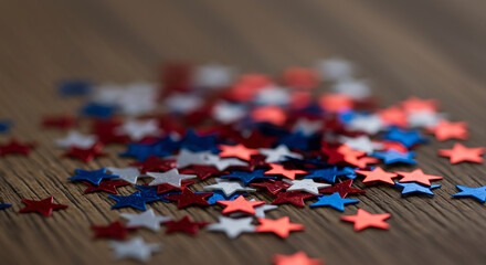 Obraz premium Festive star confetti scattered over rustic wood, shot in detail with soft background blur.