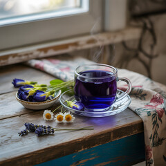 Cup of tea with fresh flowers on a white morning table