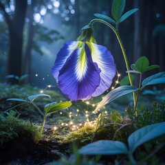 Blue iris flower blooming in a vibrant garden with natural spring colors and tropical beauty