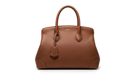 Elegant brown pebbled leather handbag with top handles, isolated on a white studio background with soft even lighting.
