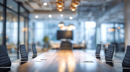 Fototapeta premium Empty modern conference room interior with a long wooden table and chairs ready for business.