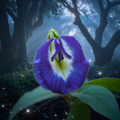 Blue iris flower blooming in a vibrant garden with natural spring colors and tropical beauty