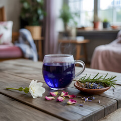 Cup of tea with fresh flowers on a white morning table