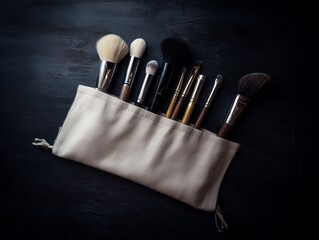 Makeup Brush Set on Linen Pouch, Dark Background