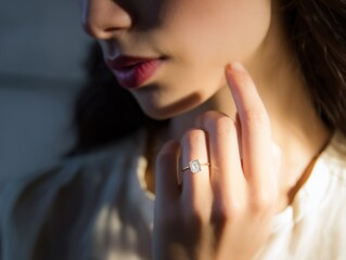 Close up of a young woman with a rectangular diamond ring on her finger