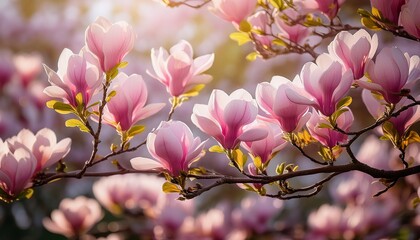 blooming magnolia tree branches showcase vibrant pink flowers in early spring sunshine