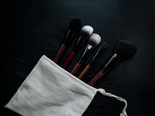 Makeup Brush Set on Linen Pouch, Dark Background
