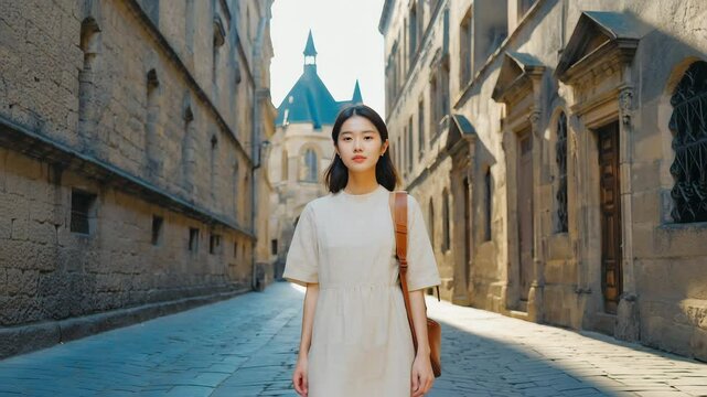 Woman walking in old European city street