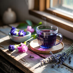 Cup of tea with fresh flowers on a white morning table