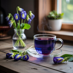 Cup of tea with fresh flowers on a white morning table