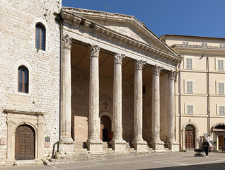 Facade of the Temple of Minerva in Assisi, Umbria, Italy, a Roman temple from the 1st century BC,...