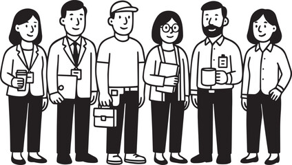 Monochrome vector pack of office and casual workers standing in a row with badges, laptops, tool belts, and mugs in a clean, minimal style for corporate materials.