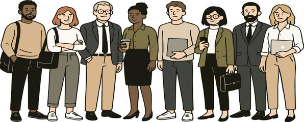 Vector illustration of a diverse office team standing in a row, with muted colours, casual and professional outfits, and simple line art for corporate and creative projects.