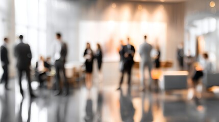 Blurred abstract office lobby scene depicting bustling business environment with people walking around and reflecting surfaces showcasing modern design.
