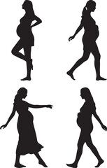 Four silhouette poses of a pregnant woman, showcasing maternity and anticipation of motherhood in a minimalist style.