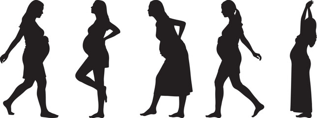 Silhouettes of Pregnant Women in Various Poses Depicting Different Stages of Pregnancy and Maternal Health