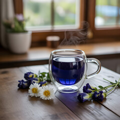 Cup of tea with flowers on a table in the morning light
