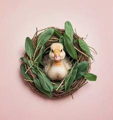 Adorable duckling sitting in a nest made of twigs and green leaves, placed on a soft pink background. The composition is minimal, cute, and ideal for spring or Easter-themed visuals.