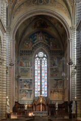 View of the apse in Duomo di Orvieto, Italy, featuring frescoes by Ugolino di Prete Ilario,...
